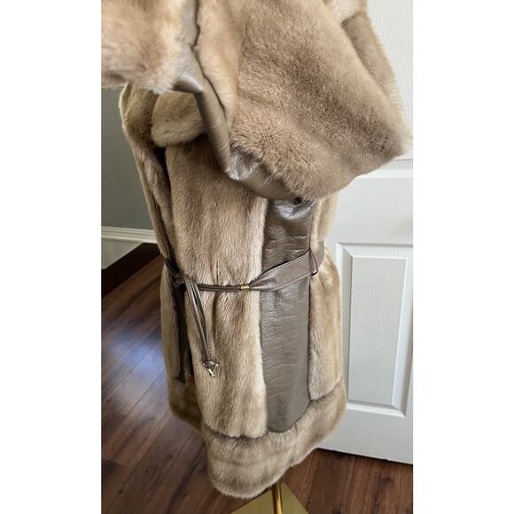 Vintage 1960’s Faux Fur Leather Penny Lane Belted Trench Coat Sz Small - Picture 7 of 16